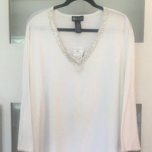 White V-Neck sweater w/ Jeweled Neckline